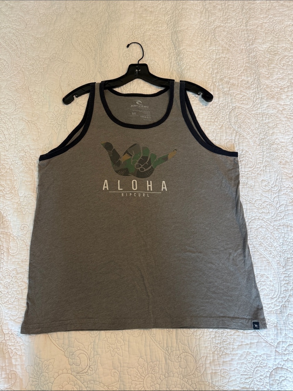 Rip Curl Gray Tank Top with Navy Trim and Green Aloha Graphic